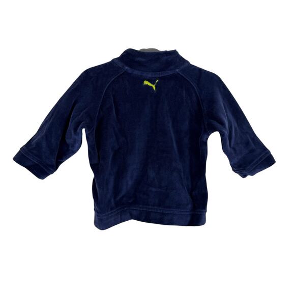 Puma Navy Blue Velour Neon Yellow Trim Full Zip Hooded Jacket Pockets Size 3-6M - Picture 2 of 8